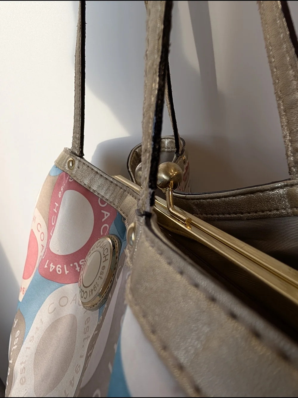 COACH Multicolor Circle Print “Est. 1941” Satchel with Gold Trim Tote Bag - Picture 11 of 16